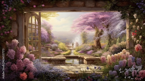  a painting of a garden with flowers and a window with a view.  generative ai