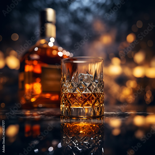 hyper close-up shot of aged whiskey glass and bottle. hyperrealistic, 4k, 35mm film, cinematic color grading, men's lifestyle magazine, futuristic, Cinematic lighting, 8k, sharp details. photo