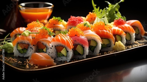 Close-up fresh sushi full of meat and vegetables on wooden table with black and blur background