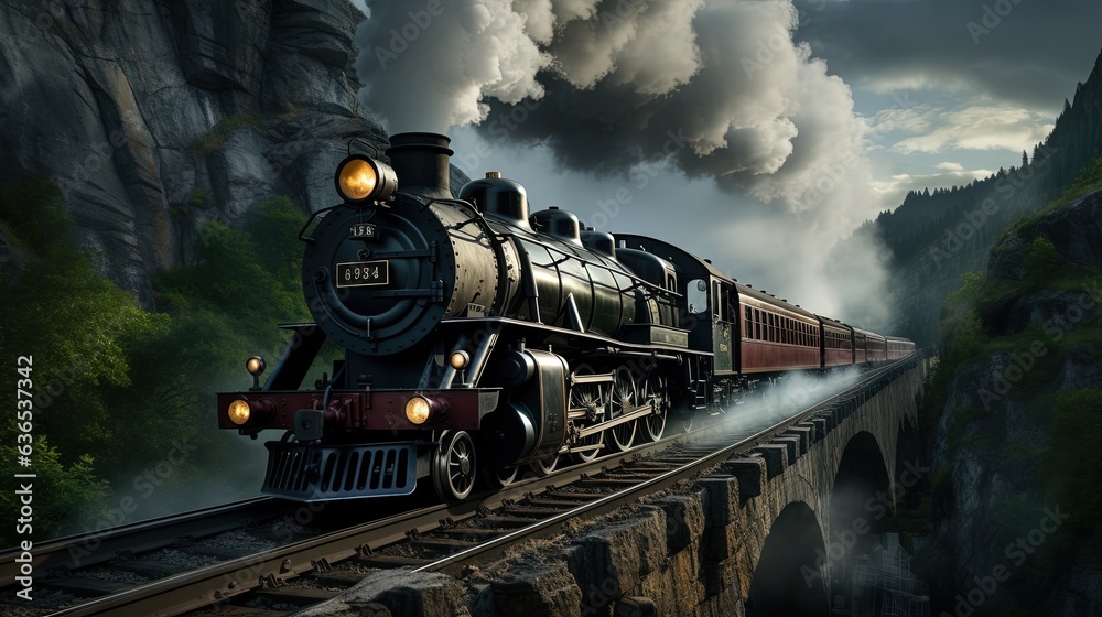 Fototapeta premium a train traveling over a bridge in a mountainous area under a cloudy sky. generative ai