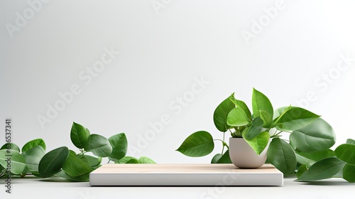 Close-up podium design for product display or product stand with leaf ornaments and minimalist background
