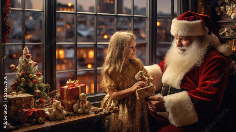 Santa claus in his office with a little girl