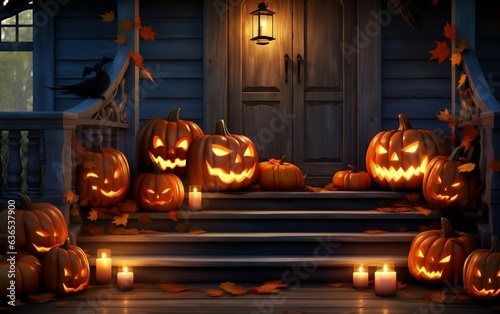 Autumn Themed Background with Halloween Pumpkins Candles and Foliage. Generative AI