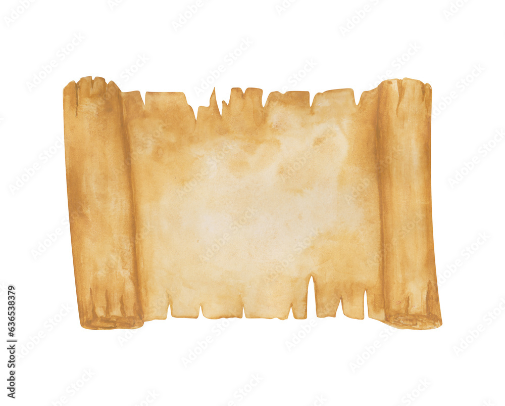 Paper scroll. Watercolor aged blank paper scroll isolated on a white ...