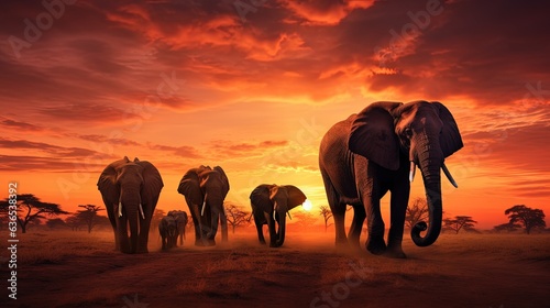  a herd of elephants walking across a dirt field at sunset.  generative ai © Olga