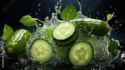 Close-up fresh green cucumber splashed with water on black and blurred background