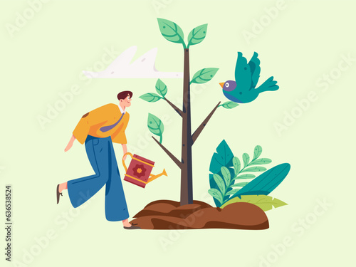 Vector concept operation hand-drawn illustration of flat characters planting trees in spring Arbor Day
