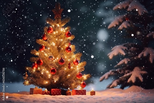 Seasonal Christmas Tree Lights Decoration. Outdoor view with snow and blurred background. Created using generative AI	