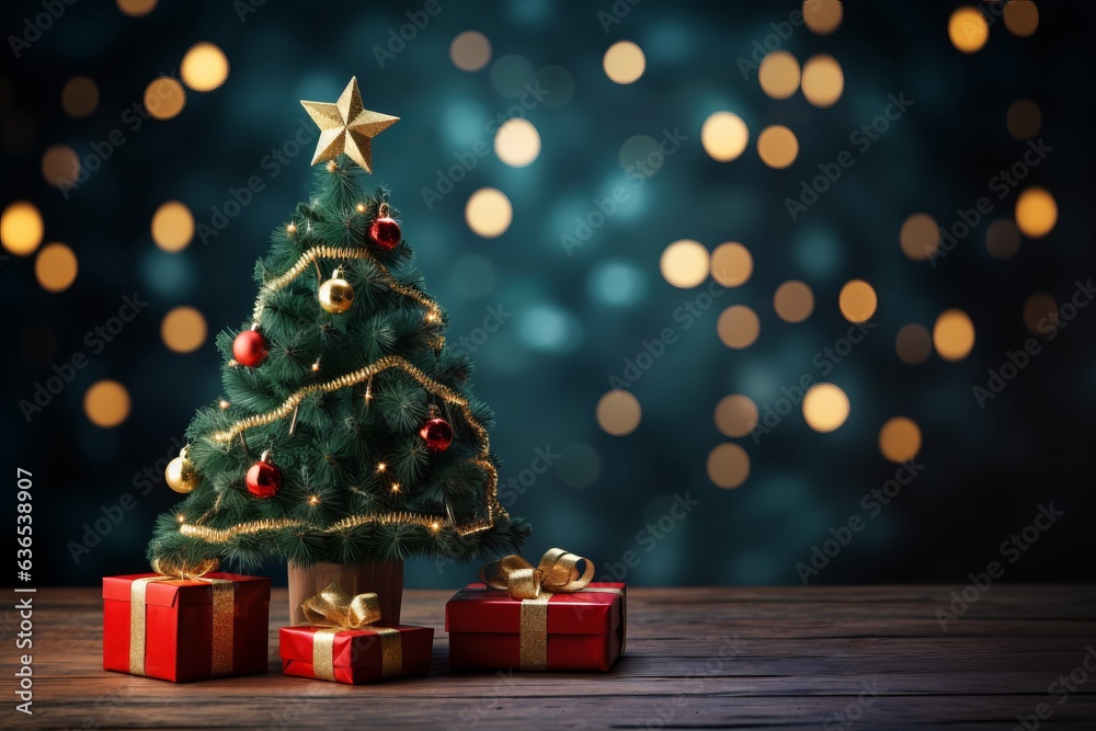 Seasonal Christmas tree on the wood floor with blurry background and copy space. Created using generative AI