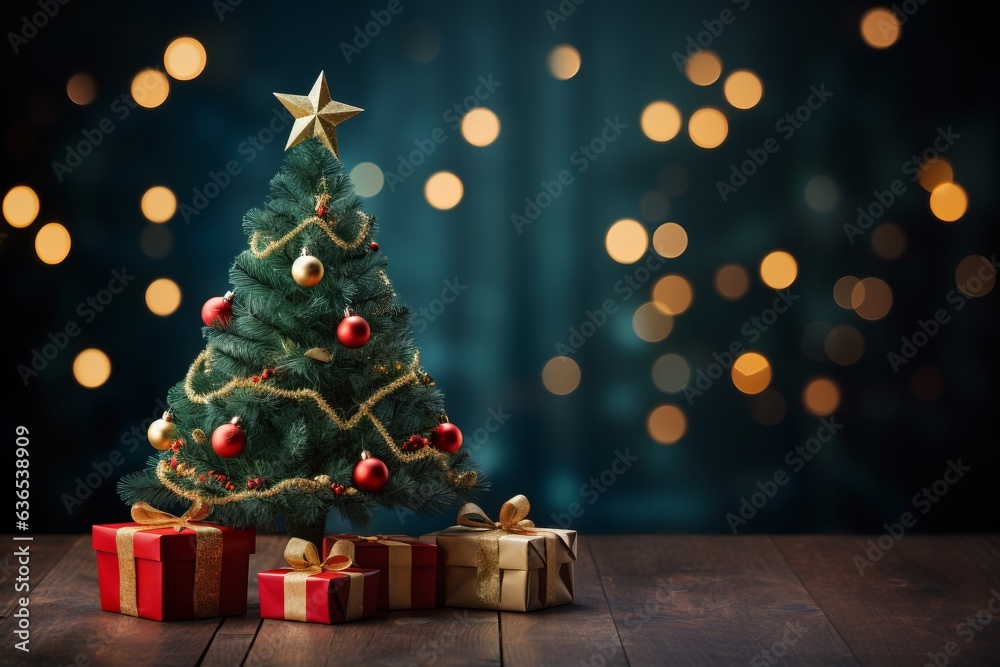 Seasonal Christmas tree with presents on the wood floor,  blurry background. Created using generative AI