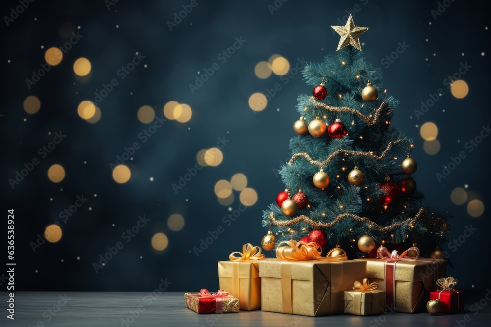 Christmas tree with presents on the wood floor,  blurry background. Created using generative AI