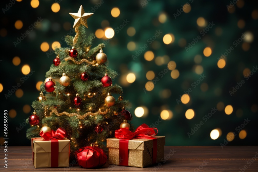 Seasonal Christmas tree on the wood floor with blurry background. Created using generative AI