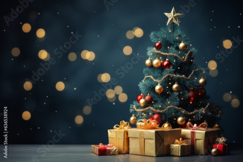 Christmas tree with presents on the wood floor,  blurry background. Created using generative AI