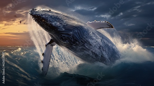  a humpback whale jumping out of the water at sunset. generative ai