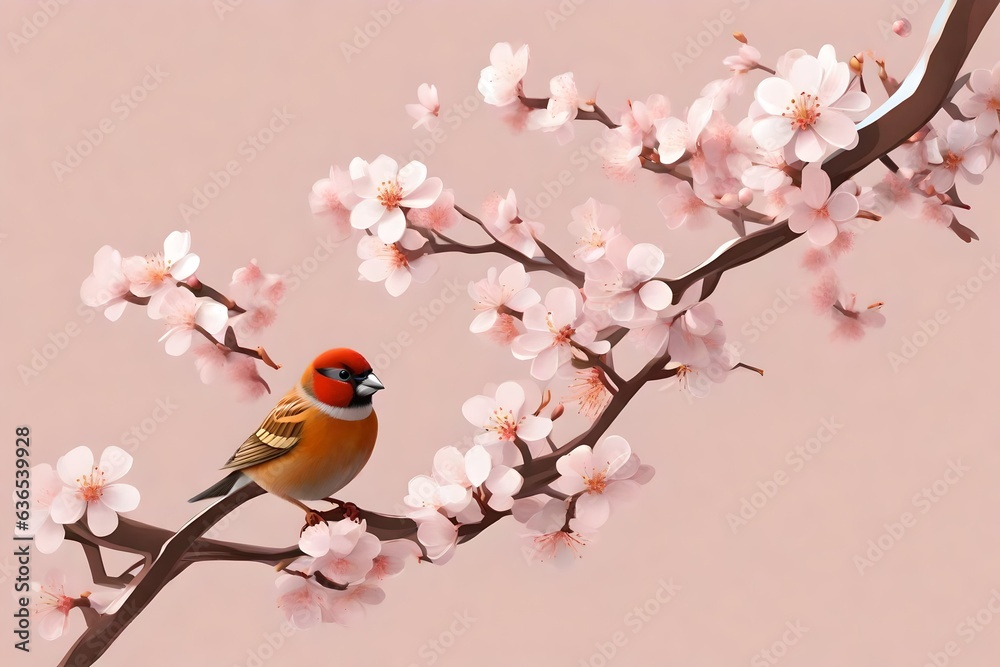 Blossom tree branch. Sweet sparrow fly. 3D illustration. Vector