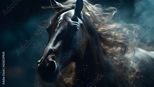 artisticly lit horse head with smoke and fumes on black background  neural network generated image