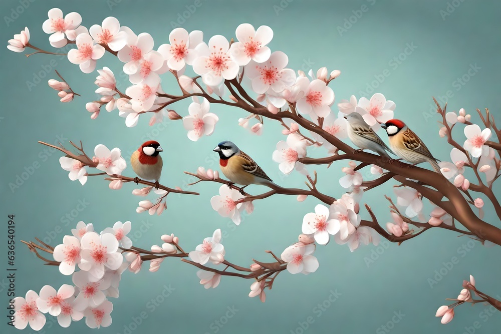 Blossom tree branch. Sweet sparrow fly. 3D illustration. Vector