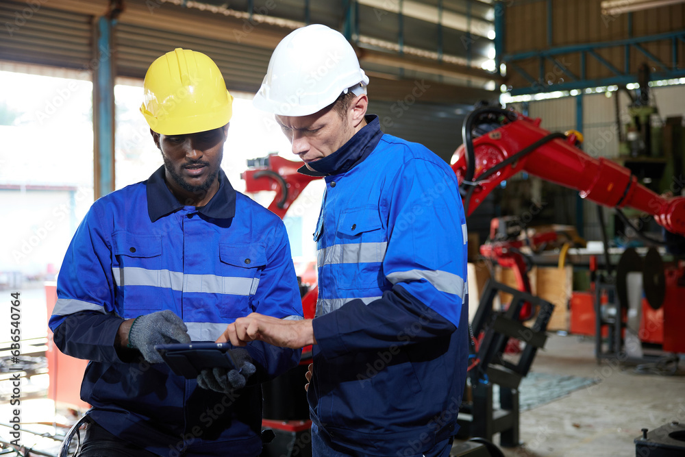 factory workers or engineer using tablet for work in robot factory factory workers or engineer using tablet for work in robot factory