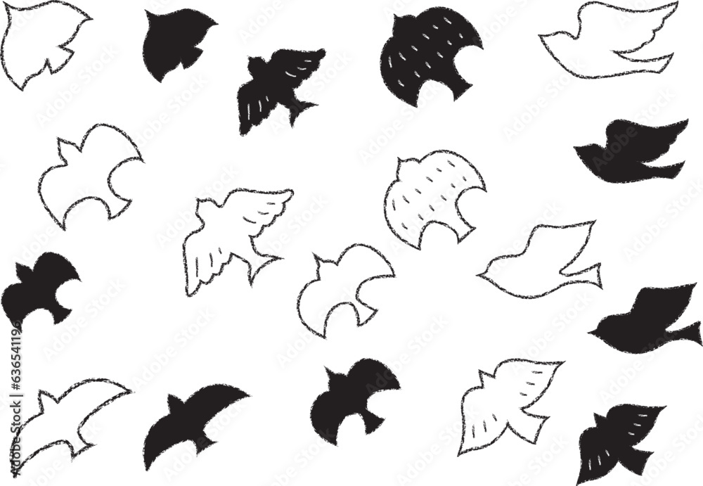 クレヨンタッチで描いたくモノクロのシンプルな鳥のイラストセット クレヨンタッチで描いたくモノクロのシンプルな鳥のイラストセット