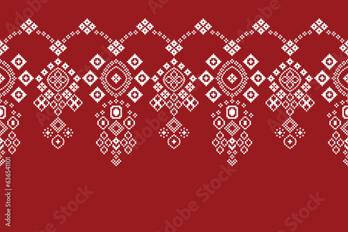 Ethnic geometric fabric pattern Cross Stitch.Ikat embroidery Ethnic oriental Pixel pattern red background. Abstract,vector,illustration. Texture,clothing,frame,decoration,motifs,silk wallpaper.