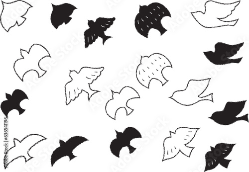 クレヨンタッチで描いたくモノクロのシンプルな鳥のイラストセット