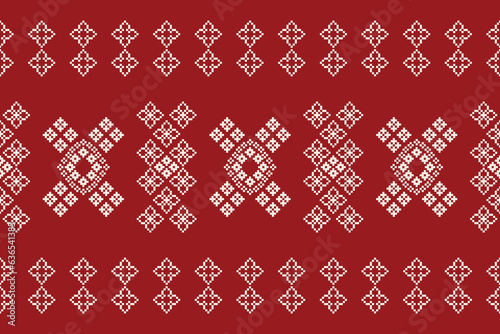 Ethnic geometric fabric pattern Cross Stitch.Ikat embroidery Ethnic oriental Pixel pattern red background. Abstract,vector,illustration. Texture,clothing,frame,decoration,motifs,silk wallpaper.