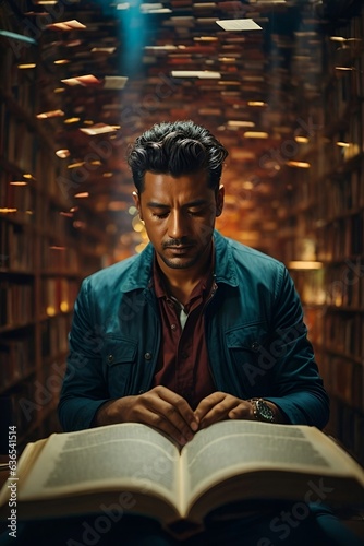 man reading a book in a library, man looking through a book to future © Vidushan J