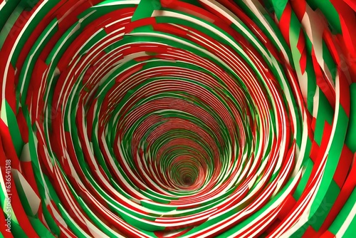 Christmas festive red and green spiral tunnel. Striped twisted xmas optical illusion. Hypnotic background. 3D render illustration. December winter celebration wallpaper.