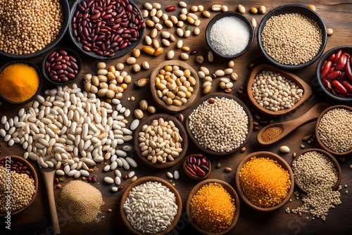 Different type of raw dry legumes composition. White beans, lentils, bulgur, chickpeas, kidney beans, corns, rice, Mix organic legume concept,