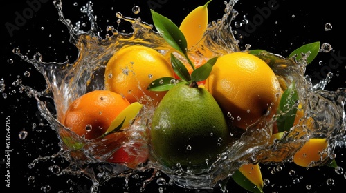 Close-up fresh yellow mangoes splashed with water on black and blurred background