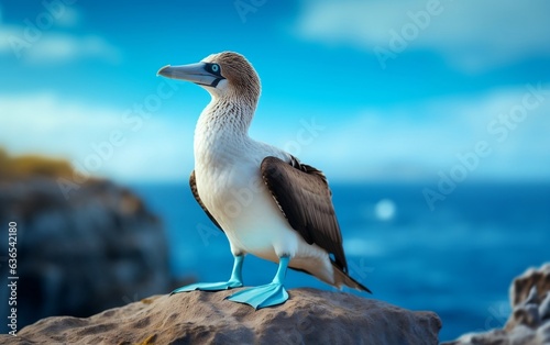 Adorable Blue Footed Booby on Rock Against Blurred Blue. Generative AI