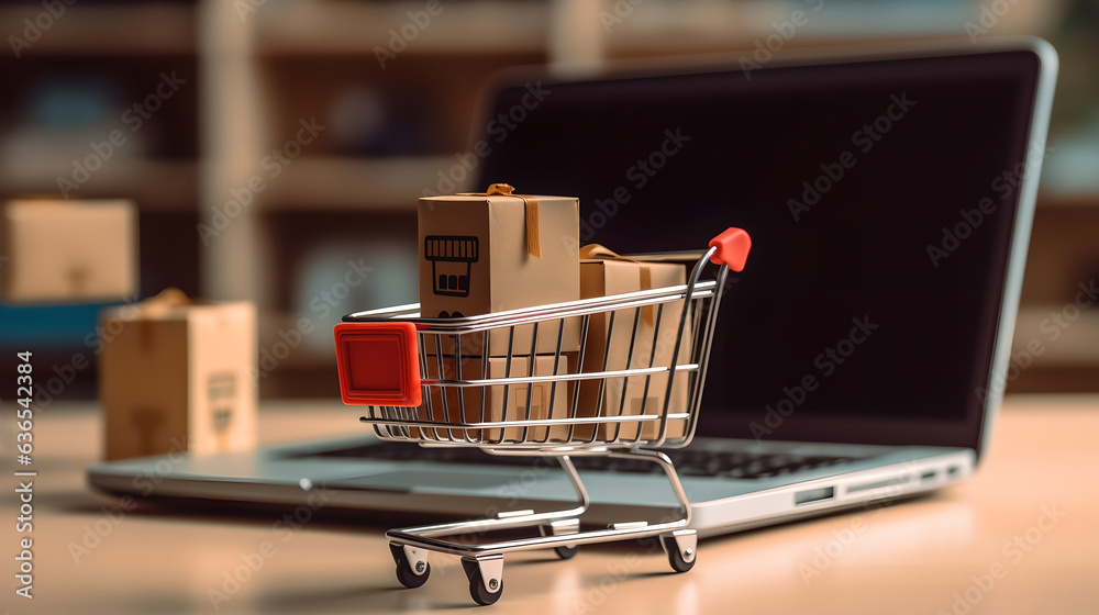 Close up shopping cart and product package boxes with laptop, Shopping service on The online web. Miniature cardboard boxes on shopping cart with laptop computer