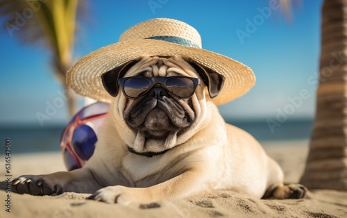 Adorable Pug in Stylish Straw Hat and Contemporary Sunglasses Relaxing. Generative AI
