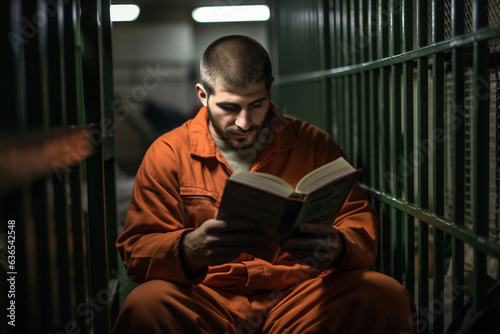A prisoner or criminal is reading a book in a prison cell while sitting on a bunk. Reeducation of a criminal. Education in prison. photo