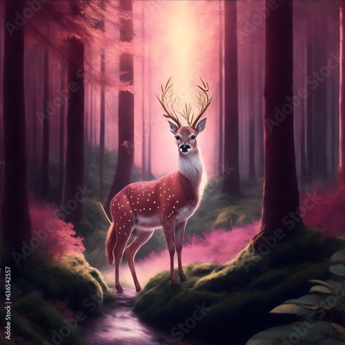 Deer in the Magical Forest. Glowing Deer in the woods. AI Generated.