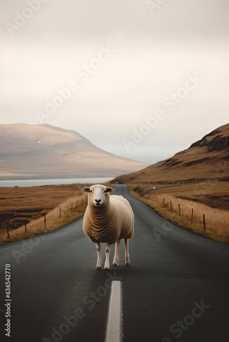 lonely sheep standing in the middle of a road in iceland (Generative AI)