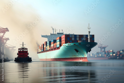Global business logistics import-export cargo. A cargo ship with sea containers on board in the port is accompanied by a tugboat. Transportation of goods across the ocean.