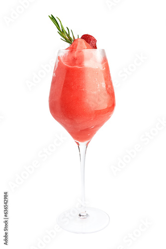 Strawberry smoothie served in clear glass decorated with rosemary and fresh strawberry isolated on white background. sweet and sour. healthy smoothies.