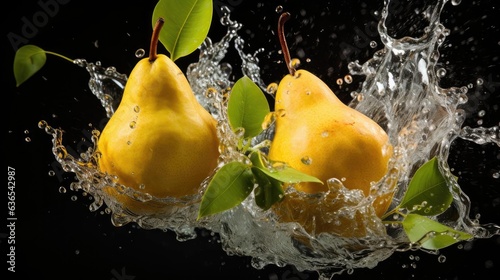 Close-up Fresh yellow pears splashed with water on a black  blurred background