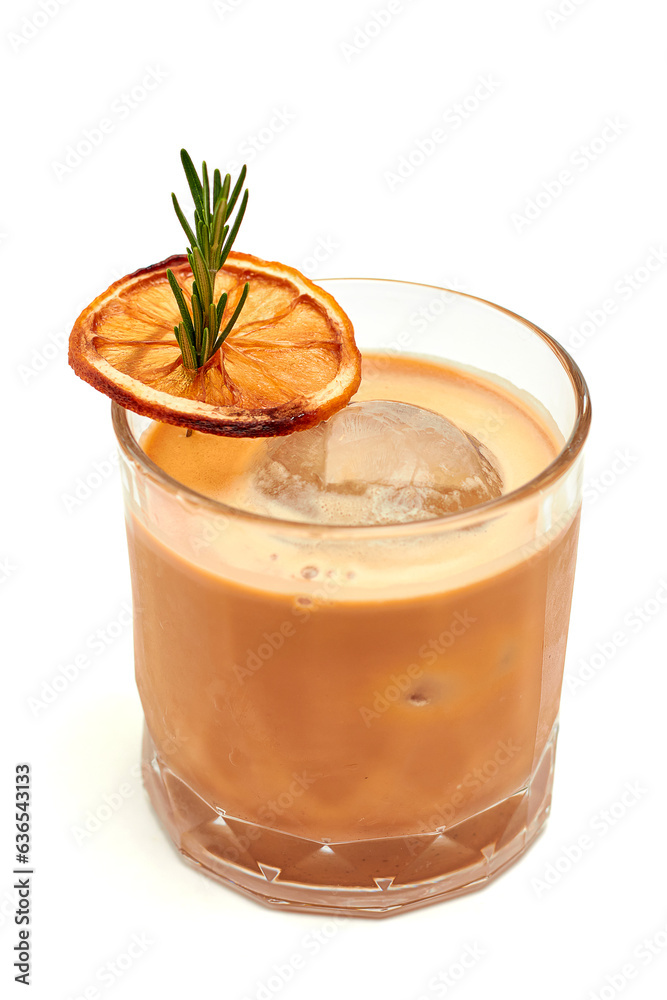 Ice ball coffee latte with rosemary and slice dry orange in glass isolated on white background. Ice ball coffee latte with rosemary and slice dry orange in glass isolated on white background.