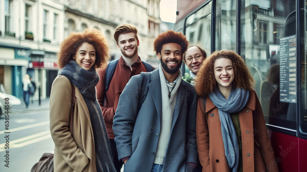 Happy young university students smiling and talking on sunny city sidewalk