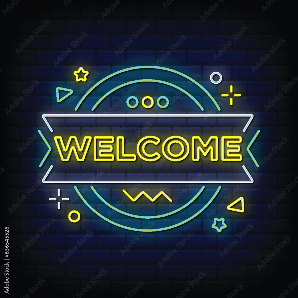 Vector neon sign Welcome with brick wall background vector Vector neon sign Welcome with brick wall background vector