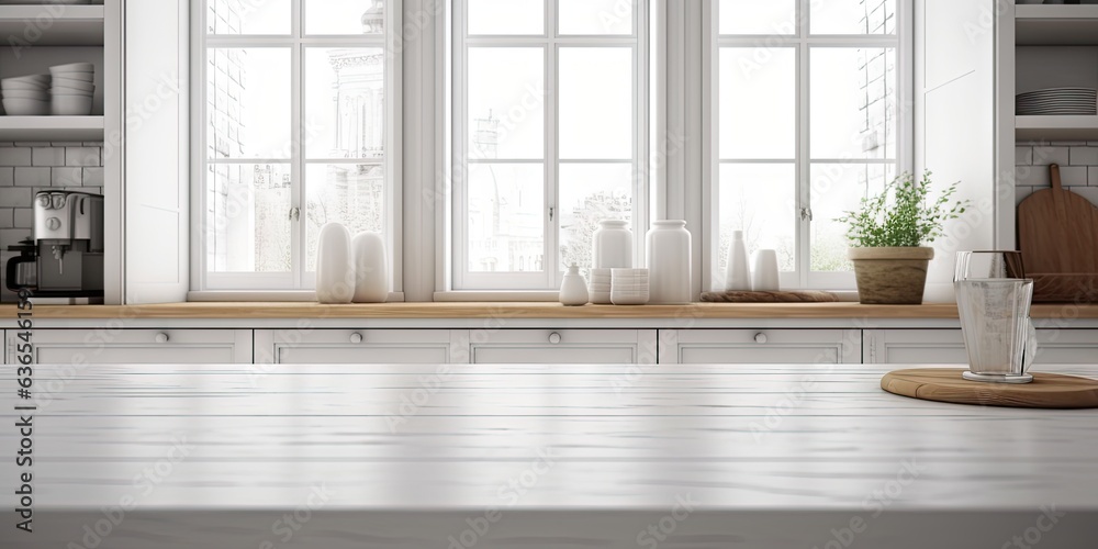 Home interior delight. White wooden counter in modern kitchen design Home interior delight. White wooden counter in modern kitchen design