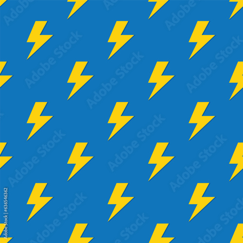 lightning bolt electric symbol seamless pattern in yellow on blue background