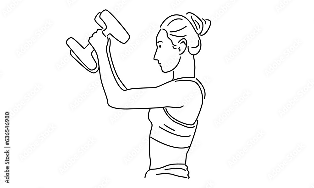 Line art of woman holding a dumbbell