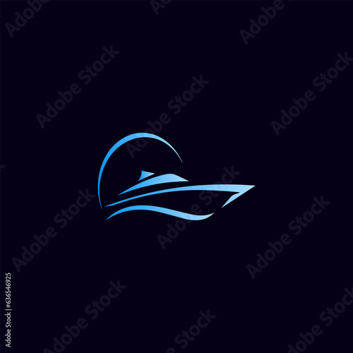 ship logo for international marine export or import goods and freight transportation trade company, commercial container boat with water sea wave icon blue vector design