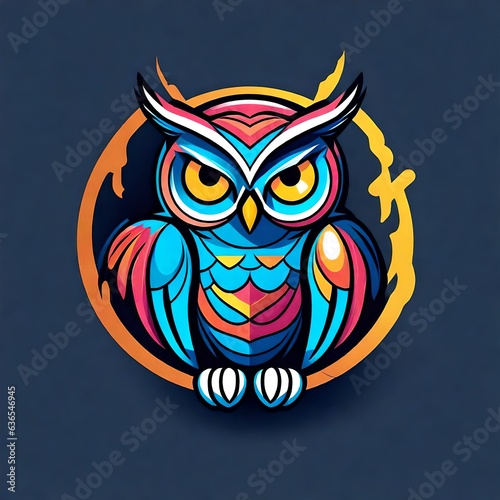 A logo for a business or sports team featuring a colorful owl  
that is suitable for a t-shirt graphic. photo