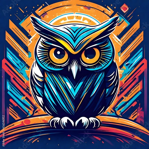 A logo for a business or sports team featuring a colorful owl  
that is suitable for a t-shirt graphic. photo