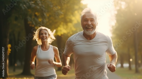 A senior couple are running for health in the morning sunrise at park.
