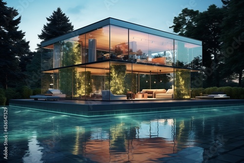 Modern glass house next to big pool